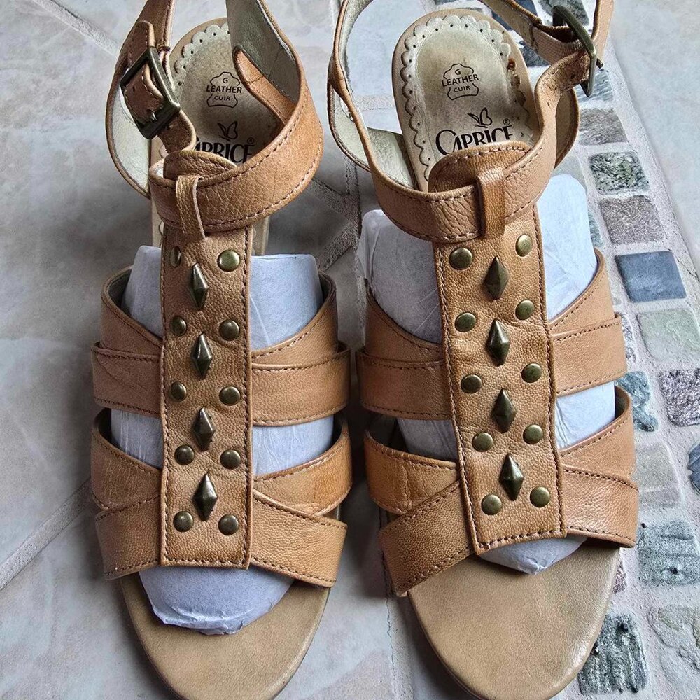 Vintage Caprice  Walking on Air Tan Leather Sandals Wood Heels EUR 38 Comfy